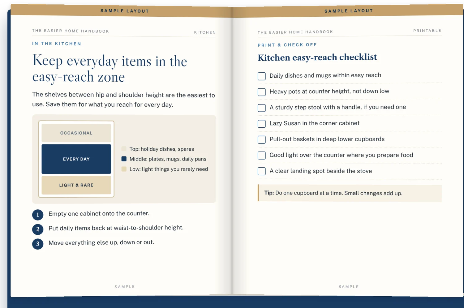 The handbook open to two sample pages: a kitchen easy-reach diagram and a printable checklist