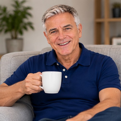 Graham relaxing in an armchair at home with a cup of coffee