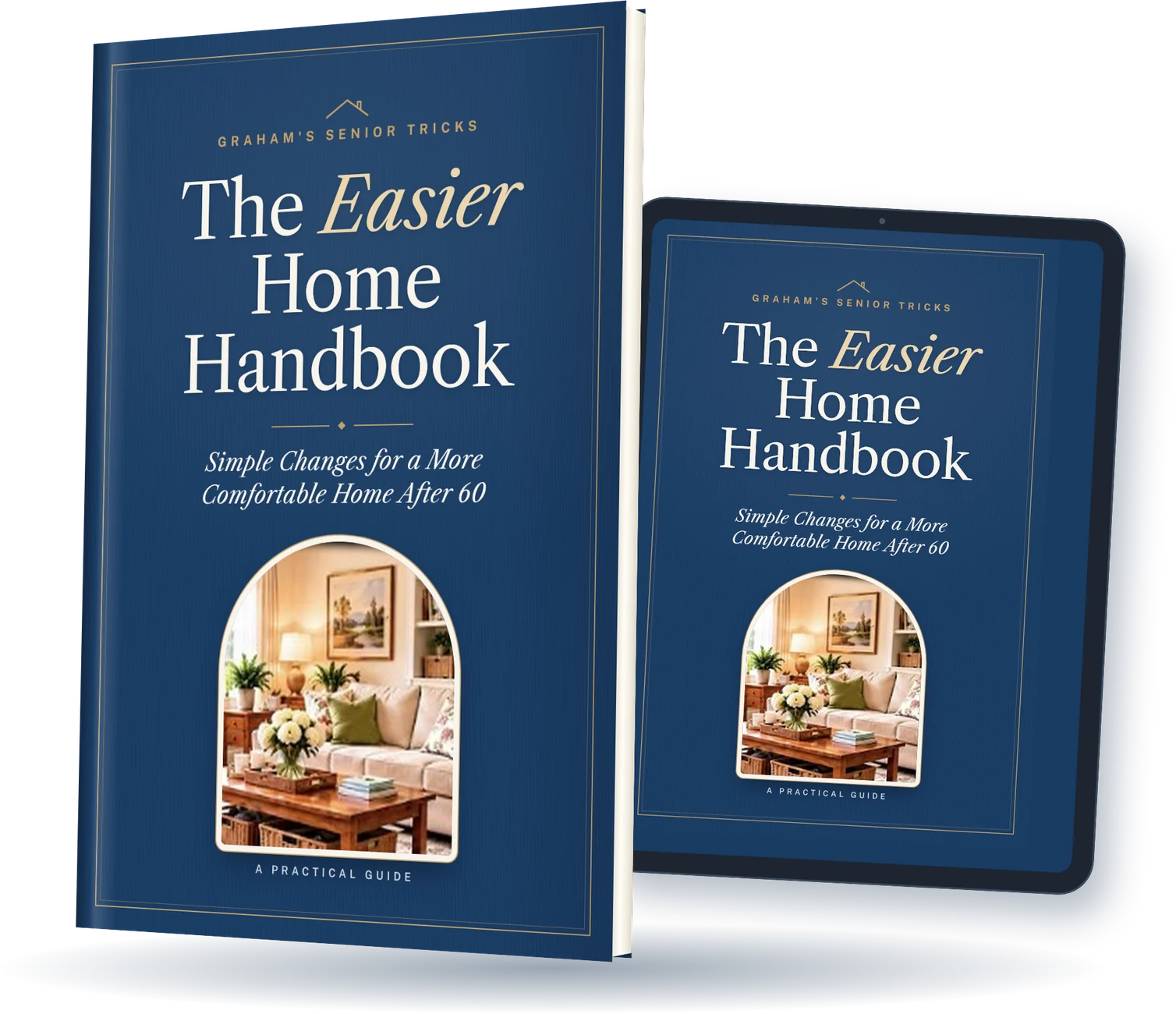 The Easier Home Handbook shown as a book and on a tablet, with the same navy cover